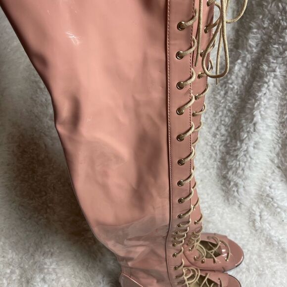 Cape Robbin light Pink Patent Synthetic Thigh High LaceUp Chunky Heel Bo… - Picture 6 of 12